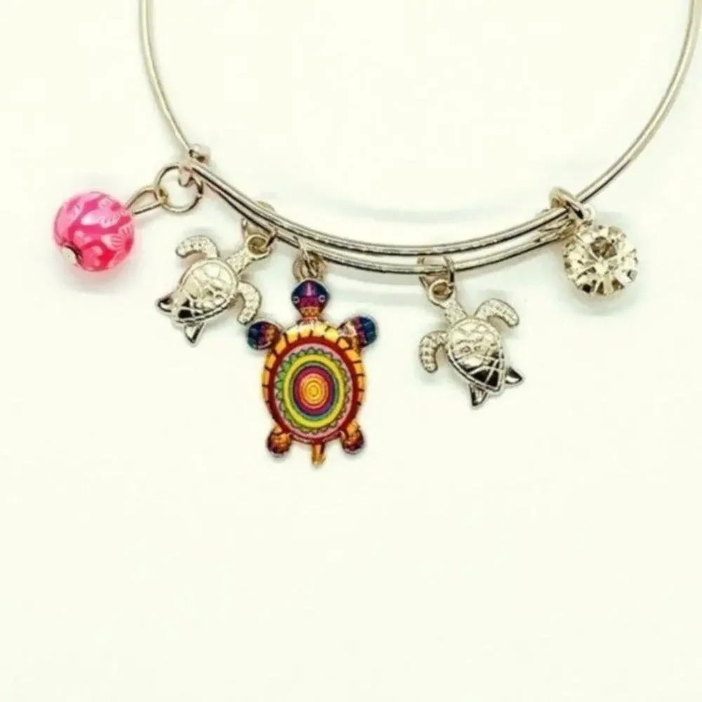 Beaded Sea Turtle Charm Colorful Bangle Bracelet